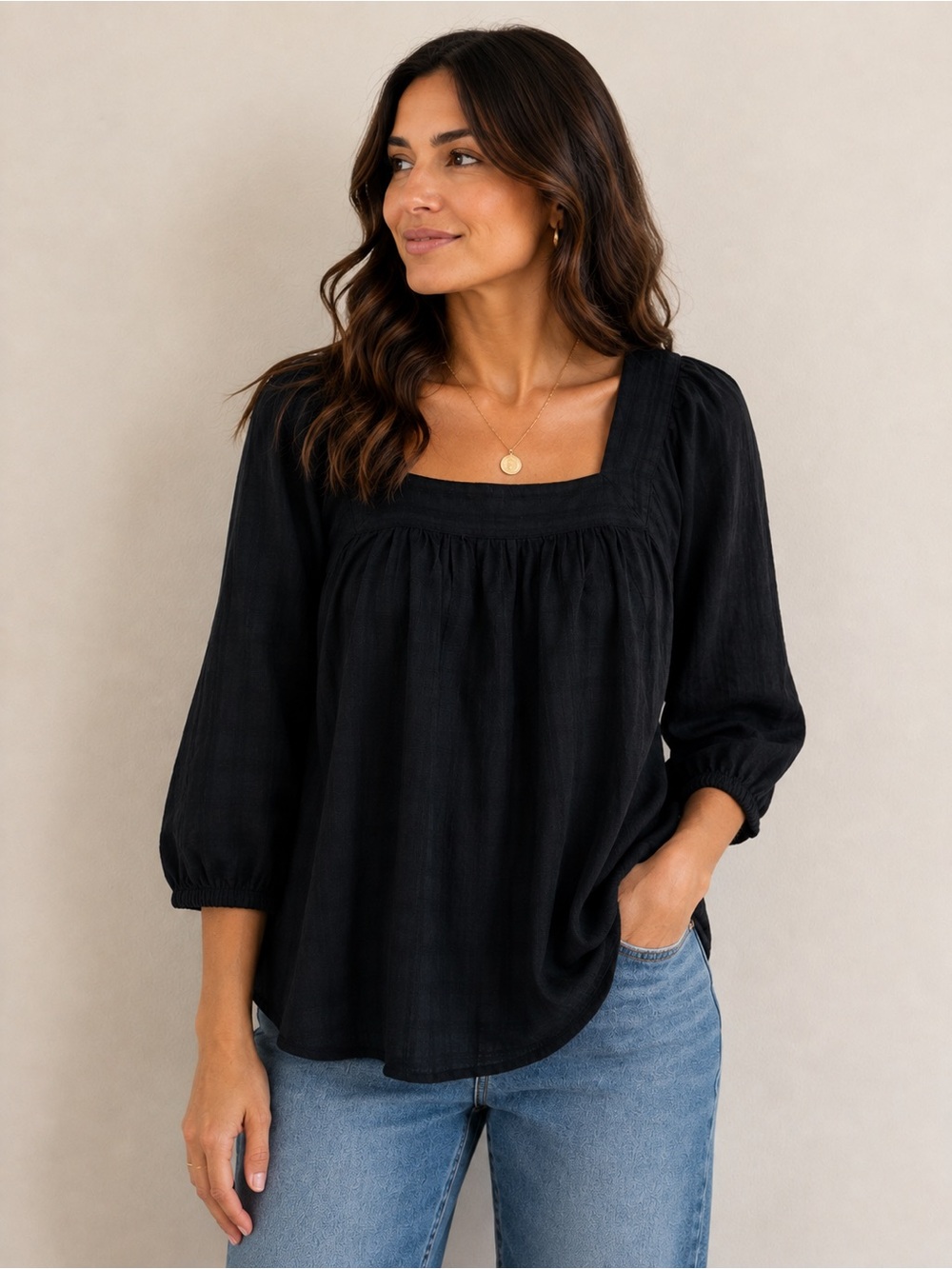Madewell 100% Cotton Square Neck Peasant Blouse | Black | Size Small